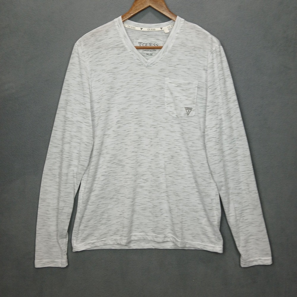Guess Shirt Mens Medium White Logo Chest Pocket V Neck Long Sleeve Pullover